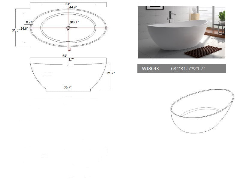 Legion Furniture | 63" White Matt Solid Surface Tub - No Faucet | WJ8643-W Legion Furniture Legion Furniture   