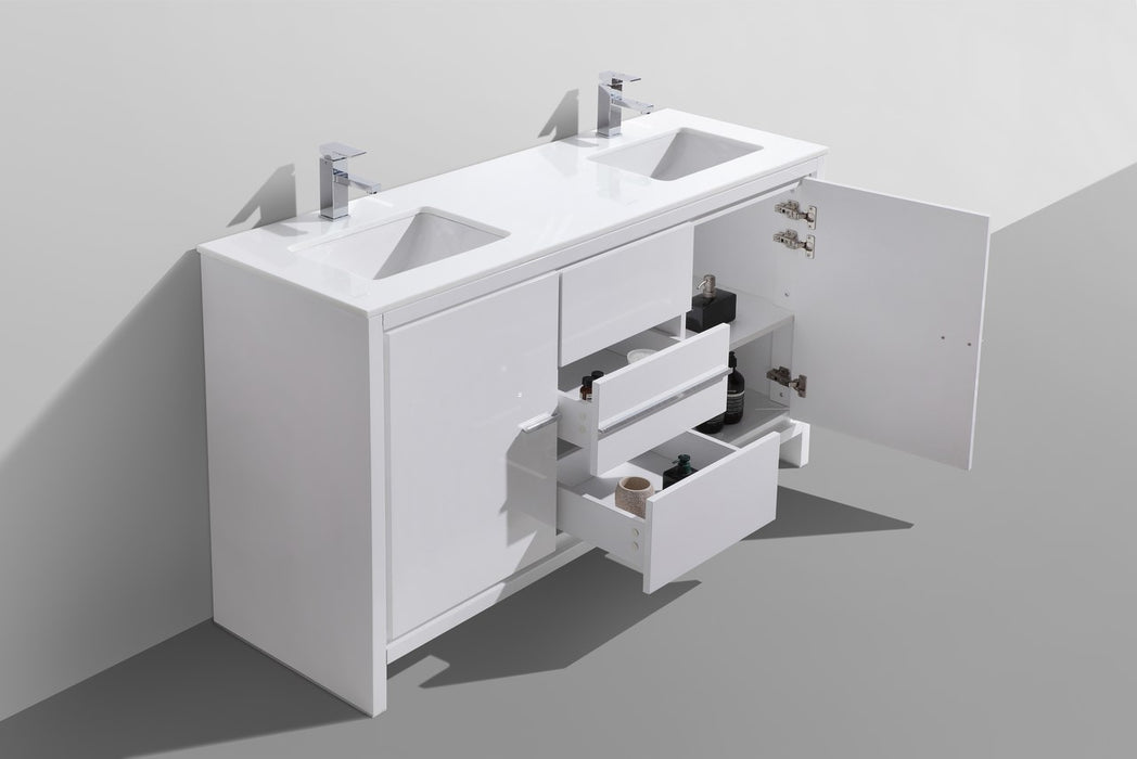 KubeBath | Dolce 60" Double Sink High Gloss White Modern Bathroom Vanity with White Quartz Counter-Top KubeBath - Vanities KubeBath   