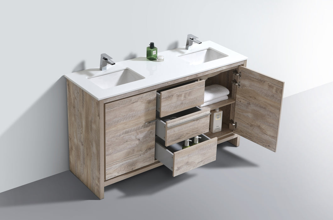 KubeBath | Dolce 60" Double Sink Nature Wood Modern Bathroom Vanity with White Quartz Counter-Top KubeBath - Vanities KubeBath   