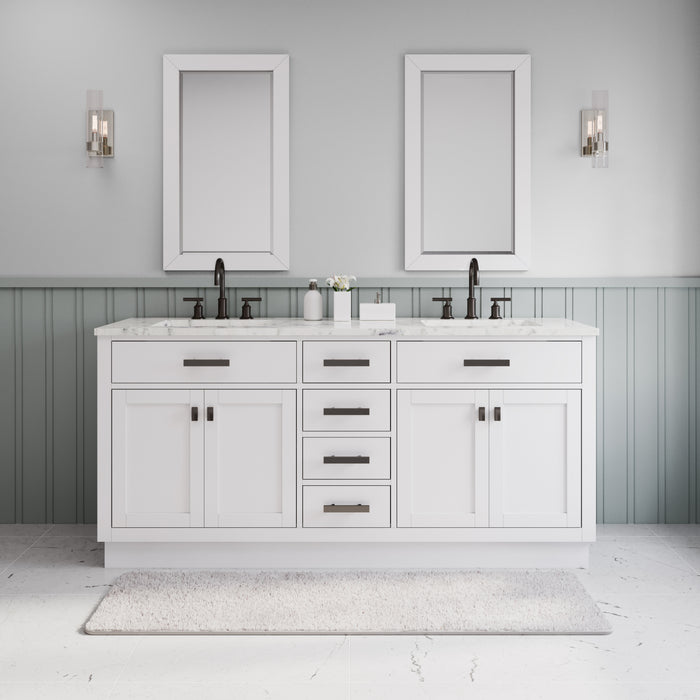 Water Creation | Hartford 72" Double Sink Carrara White Marble Countertop Bath Vanity in Pure White Water Creation - Vanity Water Creation 24" Rectangular Mirror Gooseneck Faucet 