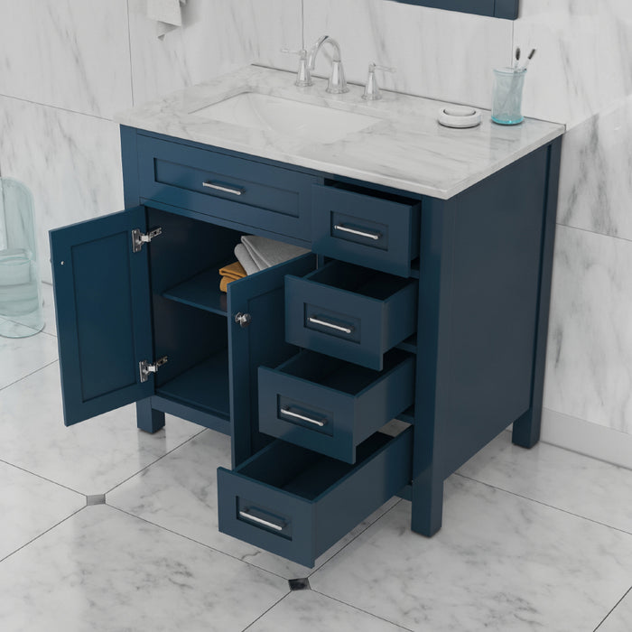 Alya Bath | Norwalk 36" Drawer Vanity Blue with Carrera Marble Top (Free Standing) Alya Bath - Vanities Alya Bath   