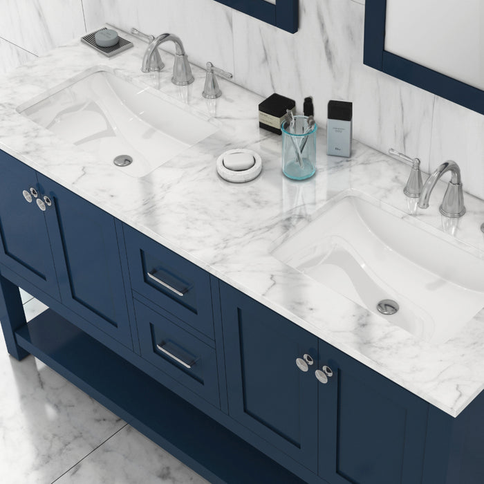 Alya Bath | Wilmington 60" Double Vanity in Blue with Carrera Marble Top (Free Standing) Alya Bath - Vanities Alya Bath   