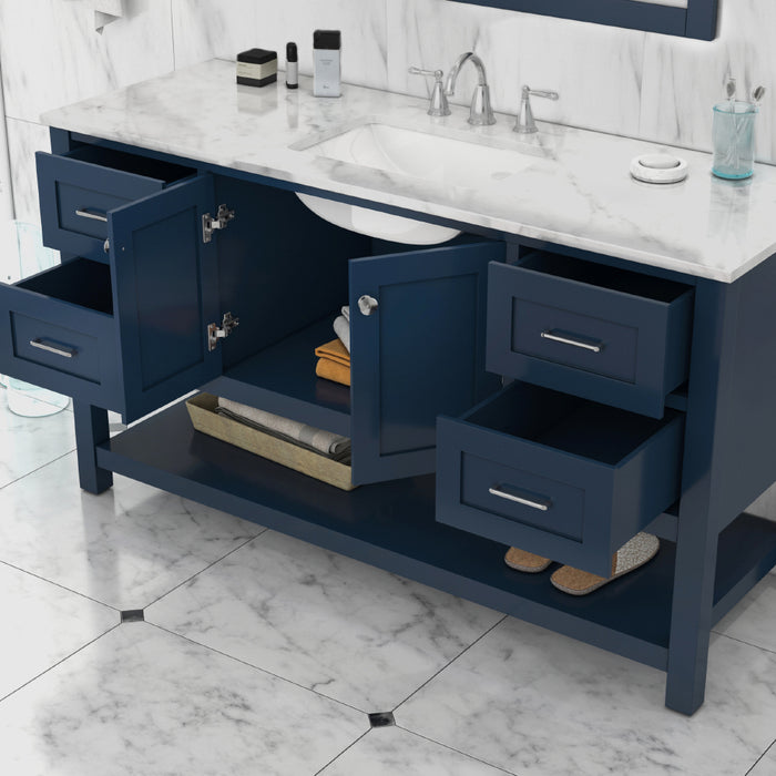 Alya Bath | Wilmington 60" Single Vanity in Blue with Carrera Marble Top (Free Standing) Alya Bath - Vanities Alya Bath   