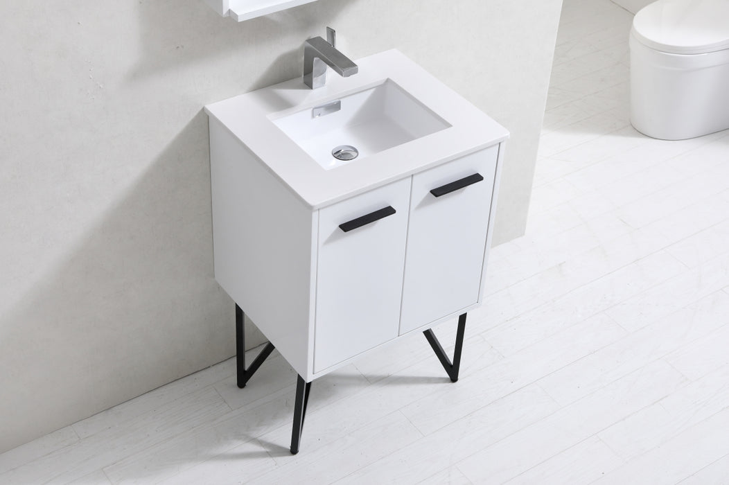 KubeBath | Bosco 24" High Glossy White Modern Bathroom Vanity w/ Quartz Countertop and Matching Mirror KubeBath - Vanities KubeBath   