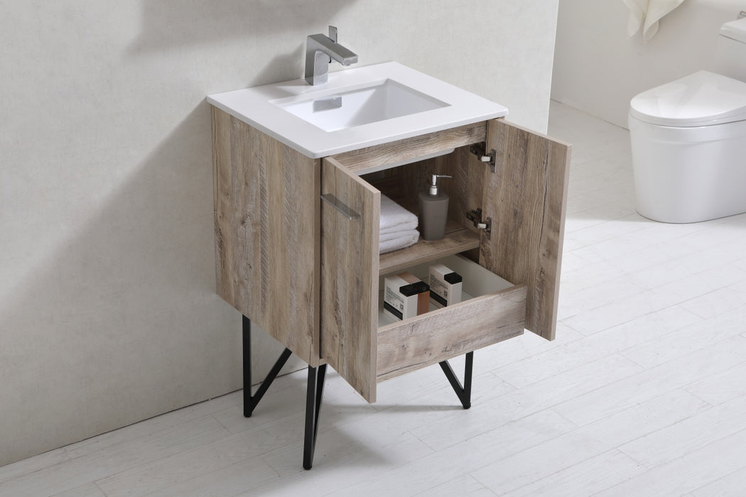 KubeBath | Bosco 24" Nature Wood Modern Bathroom Vanity w/ Quartz Countertop and Matching Mirror KubeBath - Vanities KubeBath   