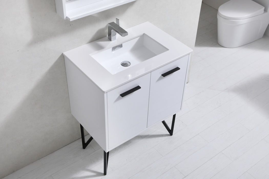 KubeBath | Bosco 30" High Glossy White Modern Bathroom Vanity w/ Quartz Countertop and Matching Mirror KubeBath - Vanities KubeBath   