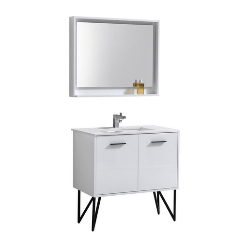KubeBath | Bosco 36" High Glossy White Modern Bathroom Vanity w/ Quartz Countertop and Matching Mirror KubeBath - Vanities KubeBath   