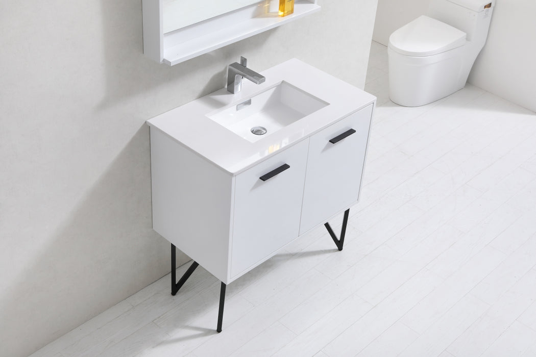 KubeBath | Bosco 36" High Glossy White Modern Bathroom Vanity w/ Quartz Countertop and Matching Mirror KubeBath - Vanities KubeBath   