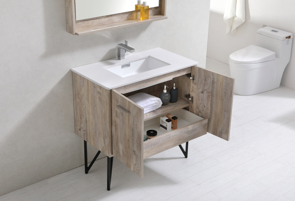 KubeBath | Bosco 36" Nature Wood Modern Bathroom Vanity w/ Quartz Countertop and Matching Mirror KubeBath - Vanities KubeBath   