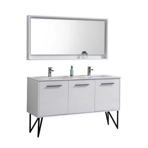KubeBath | Bosco 60" High Glossy White Double Sink Modern Bathroom Vanity w/ Quartz Countertop and Matching Mirror KubeBath - Vanities KubeBath   