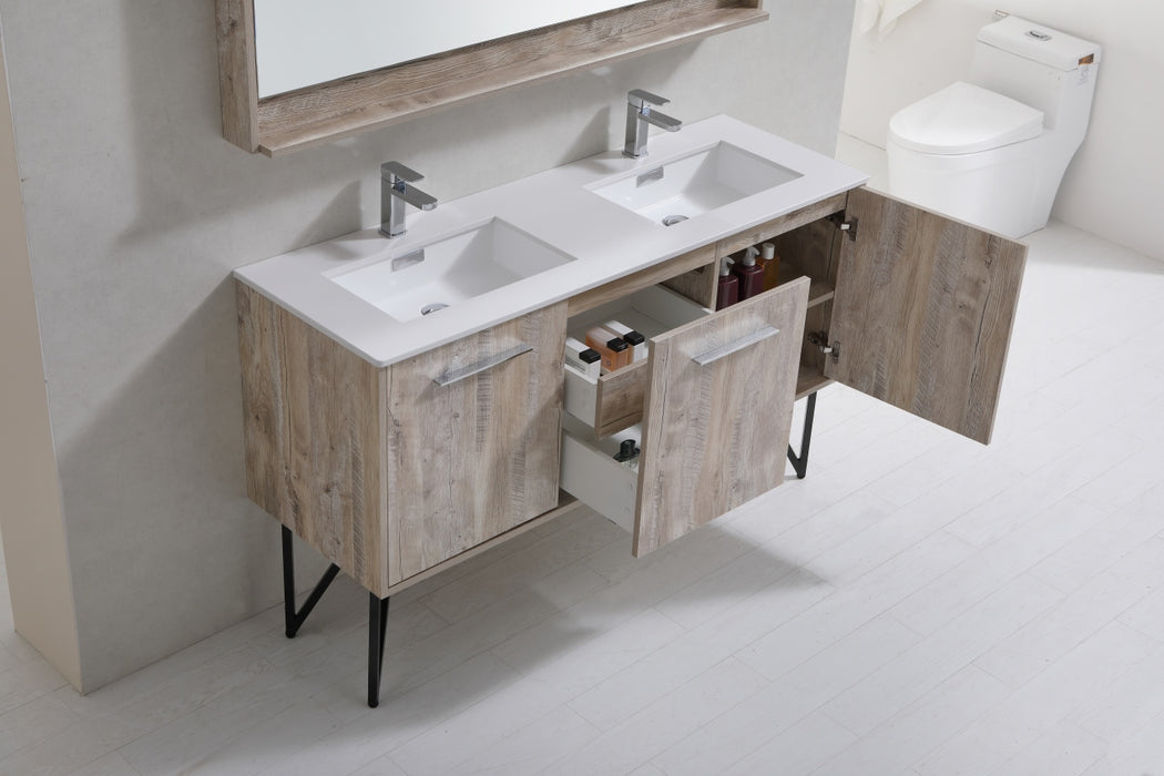 KubeBath | Bosco 60" Nature Wood Double Sink Modern Bathroom Vanity w/ Quartz Countertop and Matching Mirror KubeBath - Vanities KubeBath   