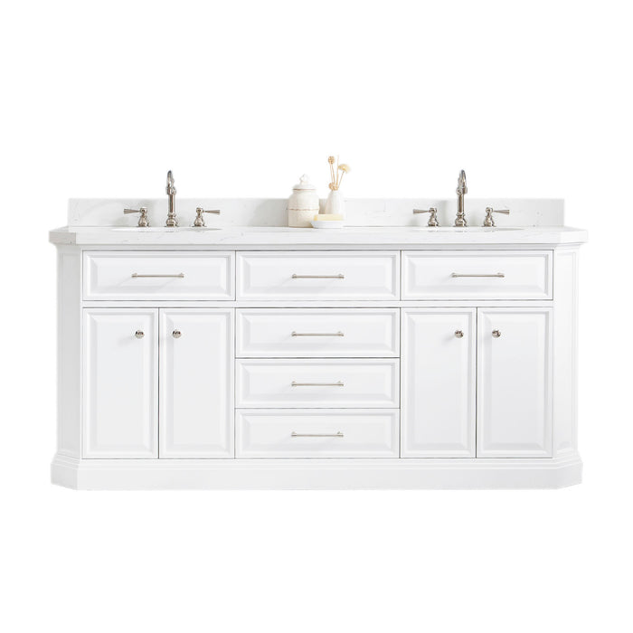 Water Creation | Palace 72" Quartz Carrara Pure White Bathroom Vanity Set With Hardware in Polished Nickel (PVD) Finish Water Creation - Vanity Water Creation No Mirror Hook Spout Faucet 