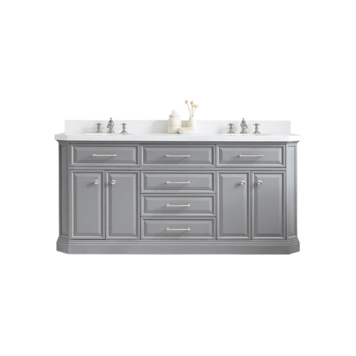 Water Creation | Palace 72" Quartz Carrara Cashmere Grey Bathroom Vanity Set With Hardware in Polished Nickel (PVD) Finish Water Creation - Vanity Water Creation No Mirror Waterfall Faucet 