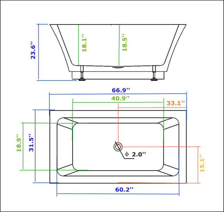 Legion Furniture | 67" White Acrylic Tub - No Faucet - WE6817 Legion Furniture Legion Furniture   