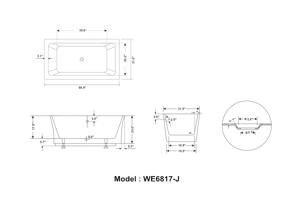 Legion Furniture | 67" White Acrylic Tub - No Faucet - WE6817 Legion Furniture Legion Furniture   