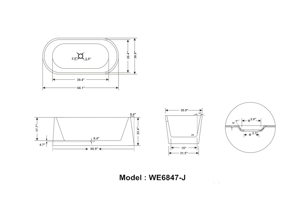 Legion Furniture | 66" White Acrylic Tub - No Faucet - WE6847 Legion Furniture Legion Furniture   