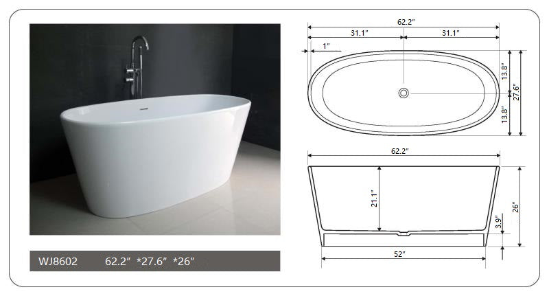 Legion Furniture | 62.2" White Matt Solid Surface Tub - No Faucet | WJ8602-W Legion Furniture Legion Furniture   