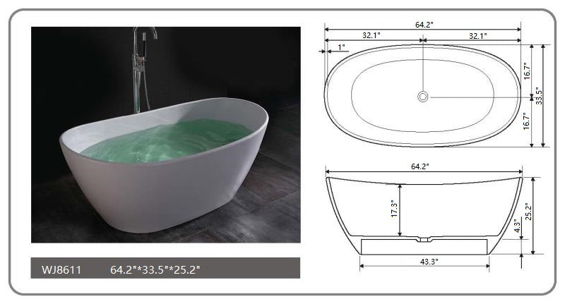 Legion Furniture | 64.2" White Matt Solid Surface Tub - No Faucet | WJ8611-W Legion Furniture Legion Furniture   