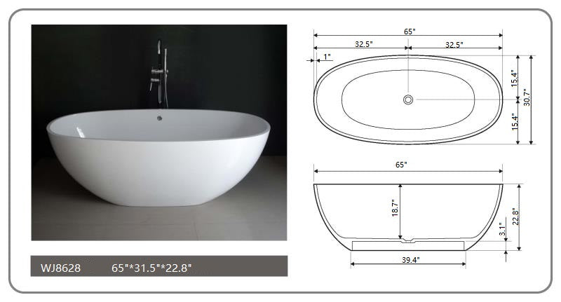 Legion Furniture | 65" White Matt Solid Surface Tub - No Faucet | WJ8628-W Legion Furniture Legion Furniture   