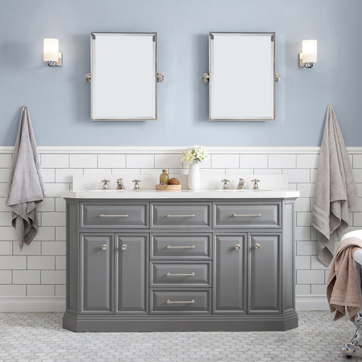 Water Creation | Palace 60" Quartz Carrara Cashmere Grey Bathroom Vanity Set With Hardware in Polished Nickel (PVD) Finish Water Creation - Vanity Water Creation 18" Rectangular Mirror No Faucet 