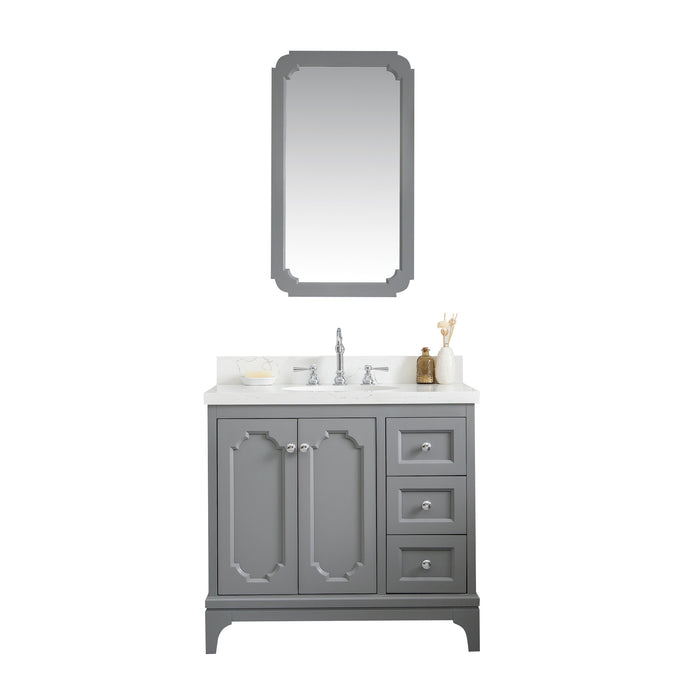Water Creation | Queen 36" Single Sink Quartz Carrara Vanity In Cashmere Grey Water Creation - Vanity Water Creation 21" Rectangular Mirror Hook Spout Faucet 