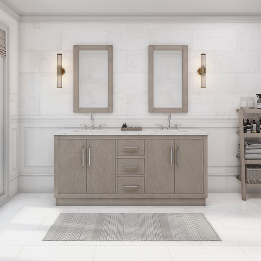 Water Creation | Hugo 72" Double Sink Carrara White Marble Countertop Vanity in Grey Oak and Chrome Trim Water Creation - Vanity Water Creation 21" Rectangular Mirror No Faucet 