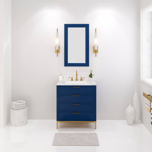 Water Creation | Bristol 30" Single Sink Carrara White Marble Countertop Bath Vanity in Monarch Blue Water Creation - Vanity Water Creation 21" Rectangular Mirror No Faucet 