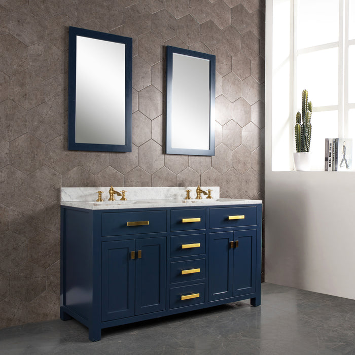 Water Creation | Madison 60" Monarch Blue Double Sink Carrara White Marble Vanity Water Creation - Vanity Water Creation 21" Rectangular Mirror Waterfall Faucet 