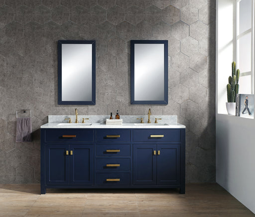 Water Creation | Madison 72" Double Sink Carrara White Marble Vanity In Monarch Blue Water Creation - Vanity Water Creation 21" Rectangular Mirror No Faucet 
