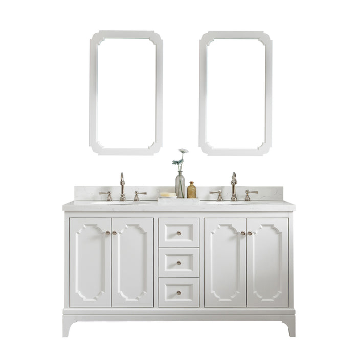 Water Creation | Queen 60" Double Sink Quartz Carrara Vanity In Pure White Water Creation - Vanity Water Creation 21" Rectangular Mirror Hook Spout Faucet 