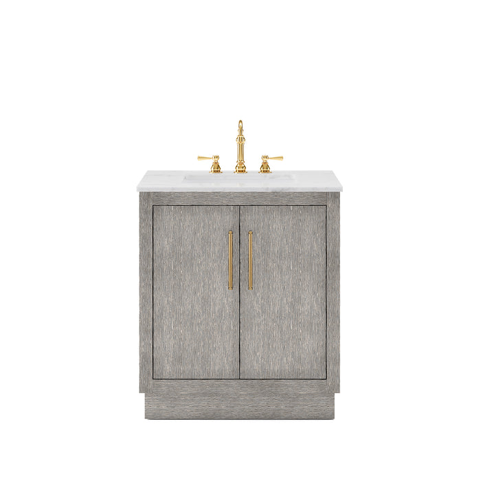 Water Creation | Hugo 30" Single Sink Carrara White Marble Countertop Vanity in Grey Oak and Gold Trim Water Creation - Vanity Water Creation No Mirror Hook Spout Faucet 