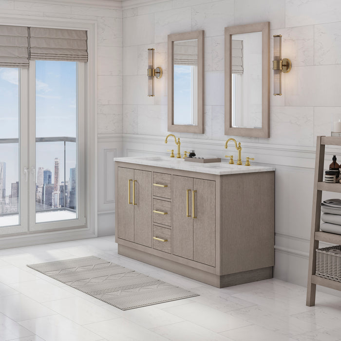 Water Creation | Hugo 60" Double Sink Carrara White Marble Countertop Vanity in Grey Oak and Gold Trim Water Creation - Vanity Water Creation 21" Rectangular Mirror Hook Spout Faucet 