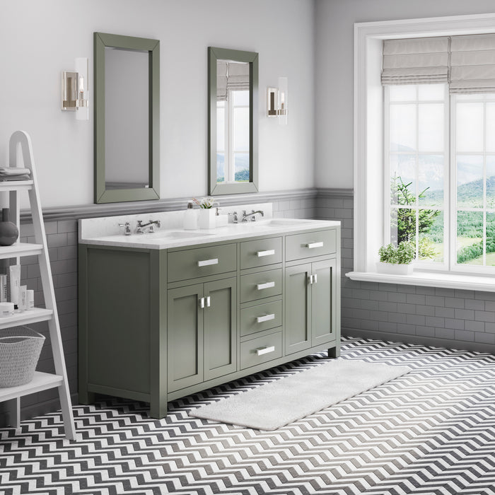 Water Creation | Madison 72" Double Sink Carrara White Marble Countertop Vanity in Glacial Green Water Creation - Vanity Water Creation 21" Rectangular Mirror Widespread Lavatory Faucet 