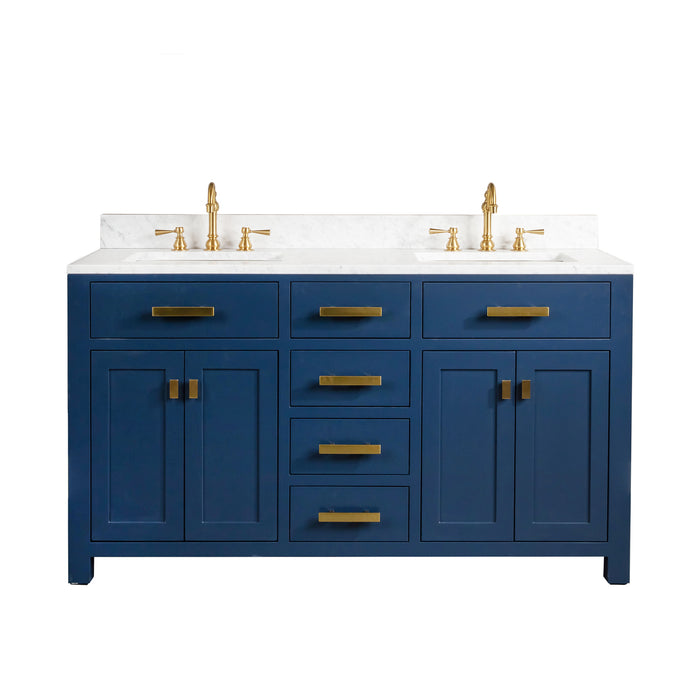 Water Creation | Madison 60" Monarch Blue Double Sink Carrara White Marble Vanity Water Creation - Vanity Water Creation No Mirror No Faucet 