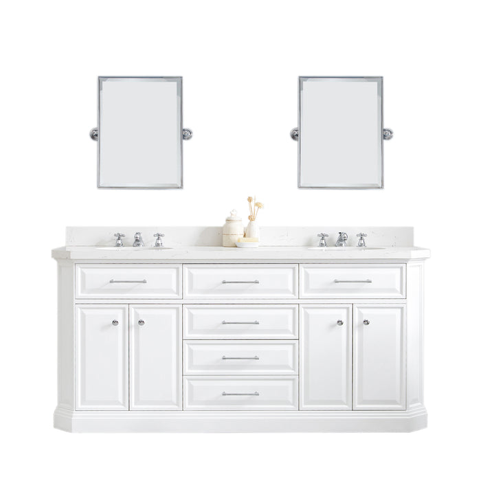 Water Creation | Palace 72" Quartz Carrara Pure White Bathroom Vanity Set With Hardware in Chrome Finish Water Creation - Vanity Water Creation 18" Rectangular Mirror Widespread Lavatory Faucet 