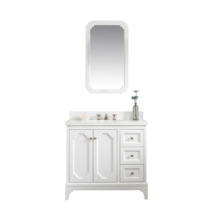 Water Creation | Queen 36" Single Sink Quartz Carrara Vanity In Pure White Water Creation - Vanity Water Creation 21" Rectangular Mirror Widespread Lavatory Faucet 