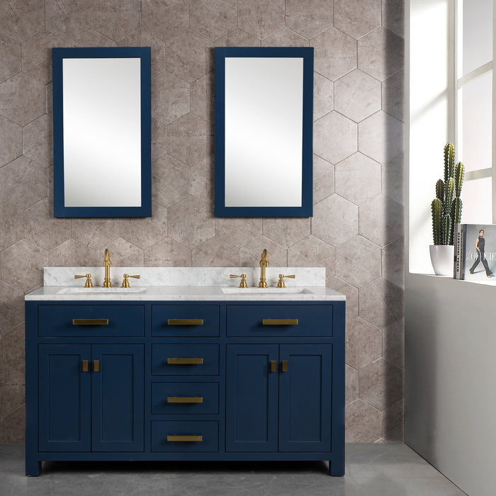 Water Creation | Madison 60" Monarch Blue Double Sink Carrara White Marble Vanity Water Creation - Vanity Water Creation 21" Rectangular Mirror No Faucet 