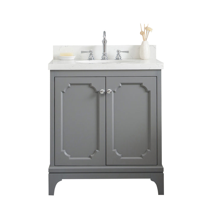 Water Creation | Queen 30" Single Sink Quartz Carrara Vanity In Cashmere Grey Water Creation - Vanity Water Creation No Mirror Hook Spout Faucet 