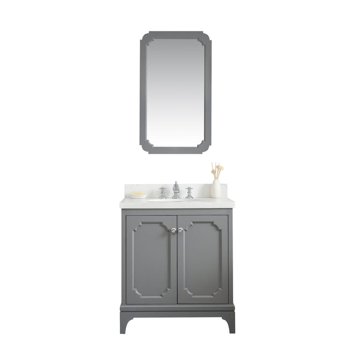 Water Creation | Queen 30" Single Sink Quartz Carrara Vanity In Cashmere Grey Water Creation - Vanity Water Creation 21" Rectangular Mirror Waterfall Faucet 