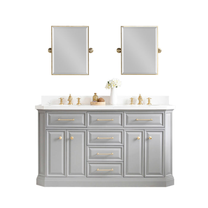 Water Creation | Palace 60" Quartz Carrara Cashmere Grey Bathroom Vanity Set With Hardware in Satin Gold Finish And Only Mirrors in Chrome Finish Water Creation - Vanity Water Creation 18" Rectangular Mirror No Faucet 