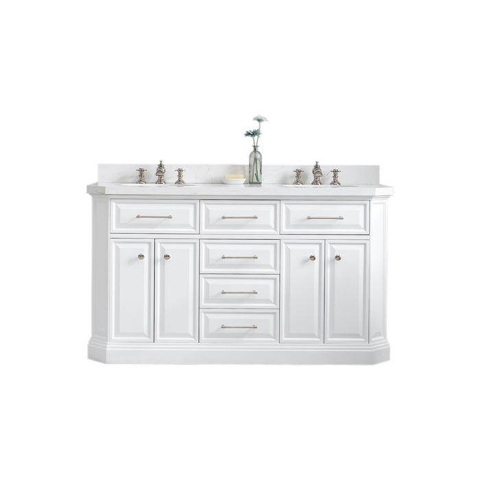 Water Creation | Palace 60" Quartz Carrara Pure White Bathroom Vanity Set With Hardware in Polished Nickel (PVD) Finish Water Creation - Vanity Water Creation No Mirror Waterfall Faucet 
