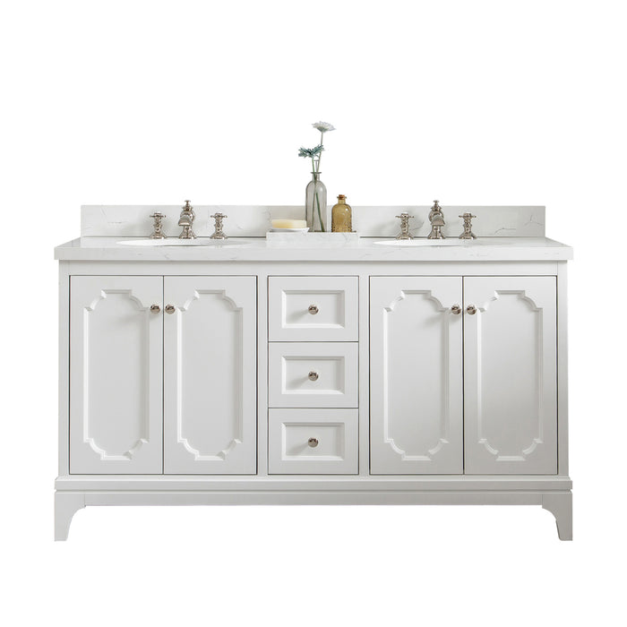 Water Creation | Queen 60" Double Sink Quartz Carrara Vanity In Pure White Water Creation - Vanity Water Creation No Mirror Waterfall Faucet 
