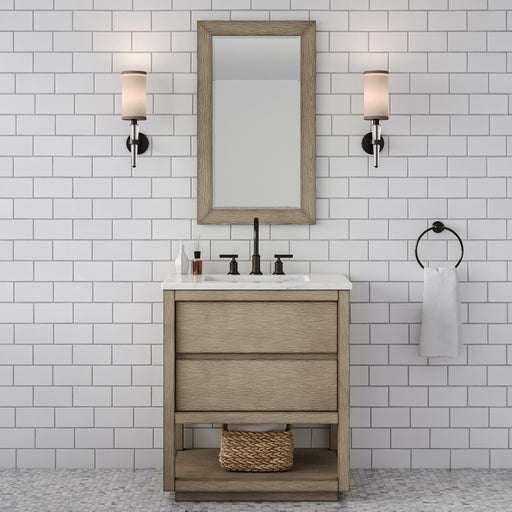 Water Creation | Oakman 30" Single Sink Carrara White Marble Countertop Bath Vanity in Grey Oak Water Creation - Vanity Water Creation 21" Rectangular Mirror No Faucet 
