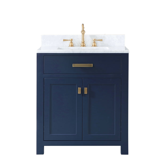 Water Creation | Madison 30" Single Sink Carrara White Marble Vanity In Monarch Blue Water Creation - Vanity Water Creation No Mirror Hook Spout Faucet 