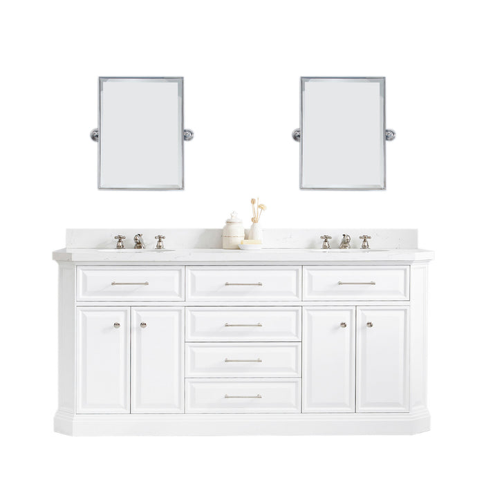 Water Creation | Palace 72" Quartz Carrara Pure White Bathroom Vanity Set With Hardware in Polished Nickel (PVD) Finish Water Creation - Vanity Water Creation 18" Rectangular Mirror Widespread Lavatory Faucet 