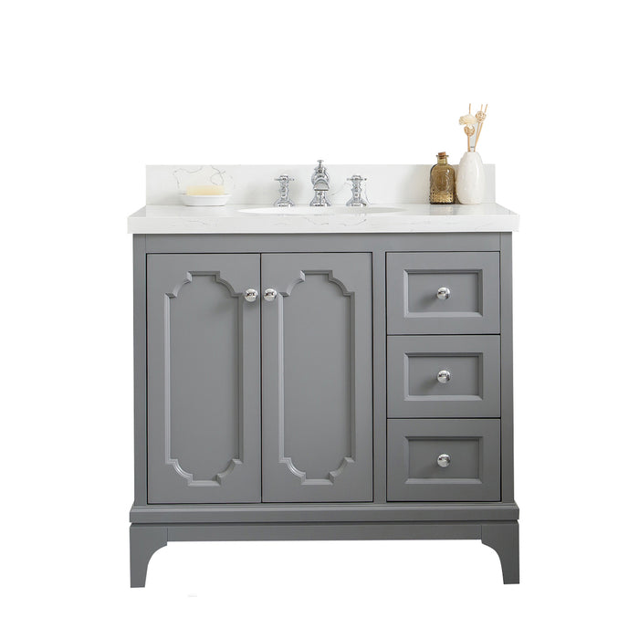 Water Creation | Queen 36" Single Sink Quartz Carrara Vanity In Cashmere Grey Water Creation - Vanity Water Creation No Mirror Waterfall Faucet 
