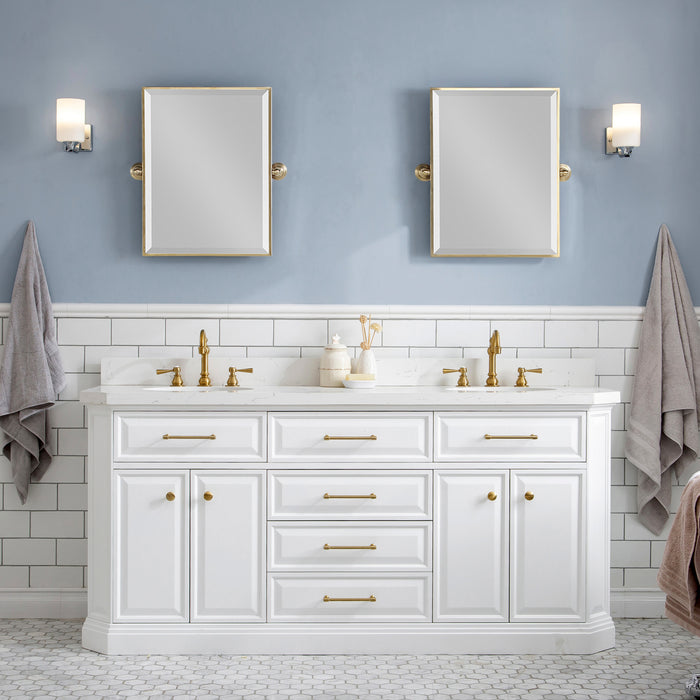 Water Creation | Palace 72" Quartz Carrara Pure White Bathroom Vanity Set With Hardware in Satin Gold Finish And Only Mirrors in Chrome Finish Water Creation - Vanity Water Creation 18" Rectangular Mirror Hook Spout Faucet 