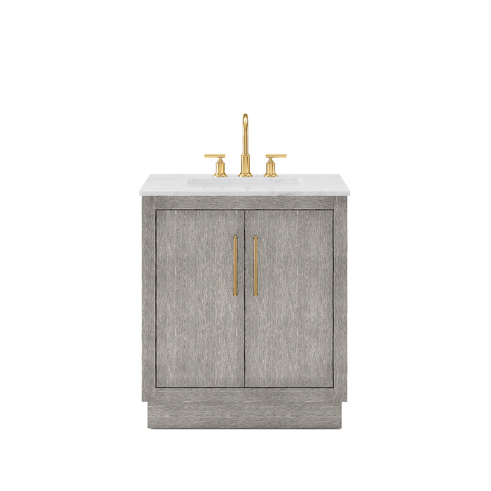 Water Creation | Hugo 30" Single Sink Carrara White Marble Countertop Vanity in Grey Oak and Gold Trim Water Creation - Vanity Water Creation No Mirror No Faucet 