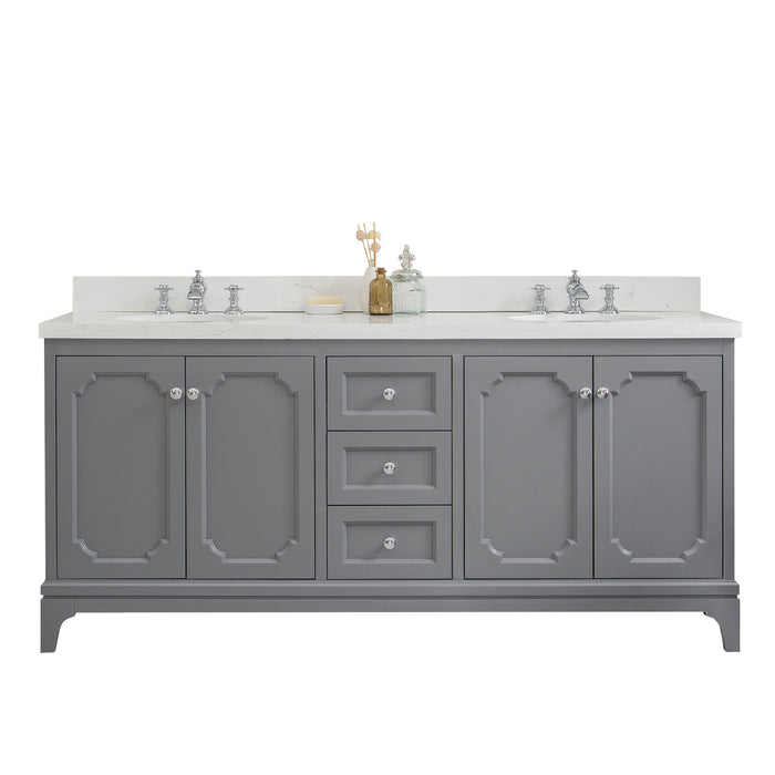 Water Creation | Queen 72" Double Sink Quartz Carrara Vanity In Cashmere Grey Water Creation - Vanity Water Creation No Mirror Waterfall Faucet 