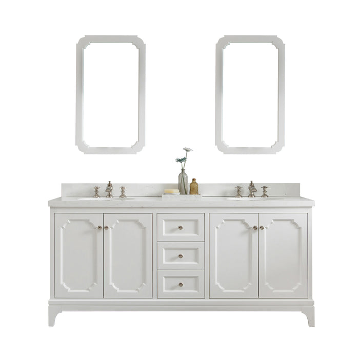 Water Creation | Queen 72" Double Sink Quartz Carrara Vanity In Pure White Water Creation - Vanity Water Creation 21" Rectangular Mirror Waterfall Faucet 